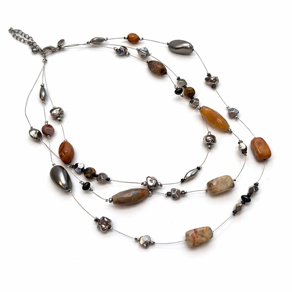 Chico's Jewelry - Chico's Layered Beaded Necklace Silver Tone Natural Stone Multi Strand